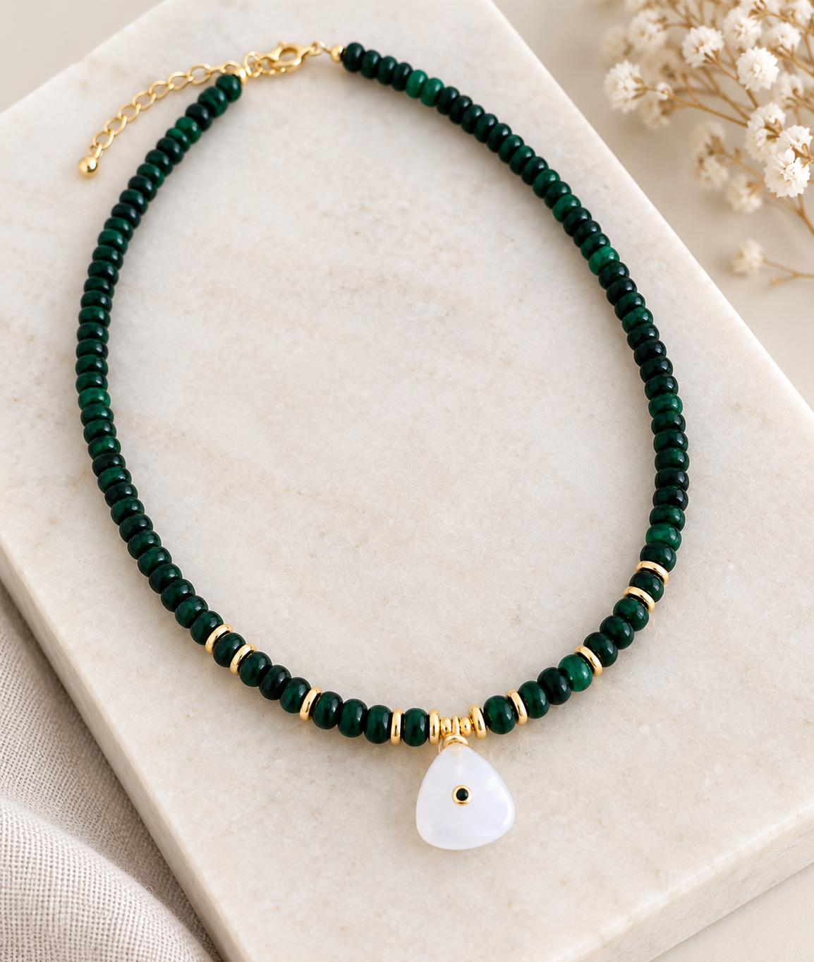 Green Jade & White Quartz Necklace